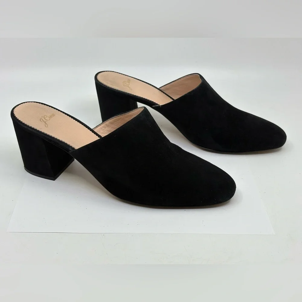 J.‎ Crew Mules Black Suede Leather Slide Block Heels Size 10.5 3” heels